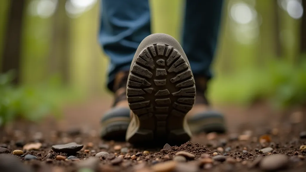 Detail kvalitní běžecké boty s dobrým vzorkem tread na cestě s přírodní plochu