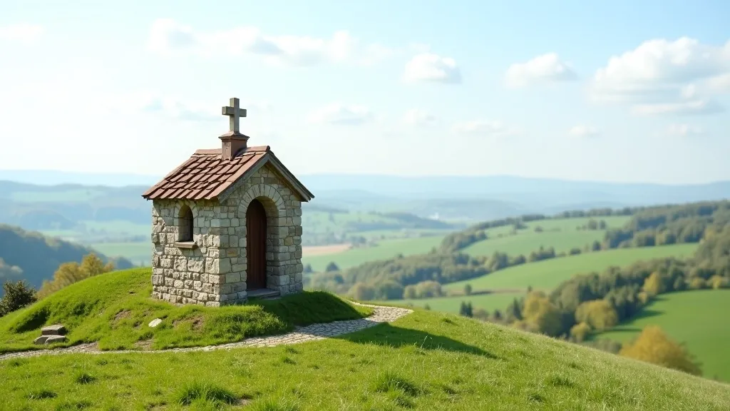 Starobylá kamenná kaple nebo svatyně stojící v přírodě s výhledem na údolí, zelené kopce v pozadí, obloha s mraky