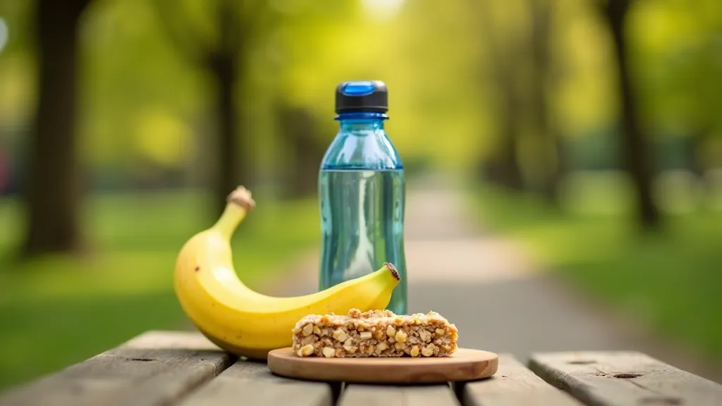 Zdravá lahev s vodou a svačina — banán a granola bar — připravena na procházku